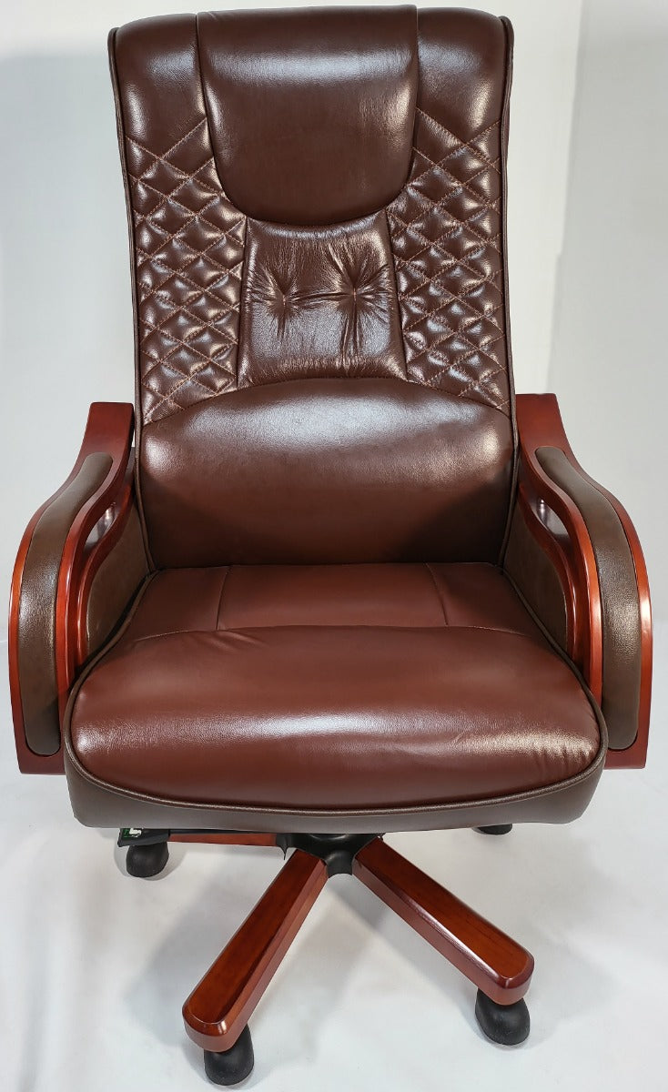 Traditional Genuine Brown Leather Office Chair with Mahogany Arms - A616-BR